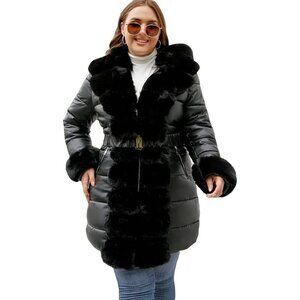 Women Leather Fur Trim Lined Long Black Hooded Puffer Jacket Coat Winter Warm